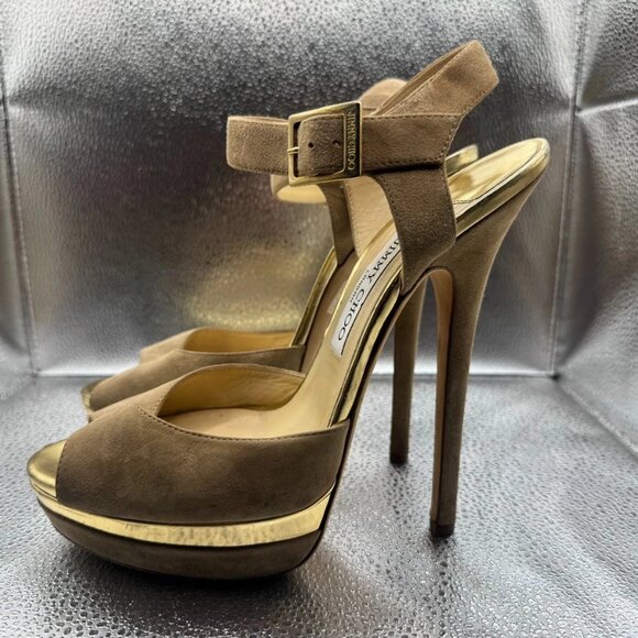 Size‎ - 40 Jimmy Choo Brown Womens Peep Toe Suede Ankle Strap Mules High Heel - Picture 3 of 9